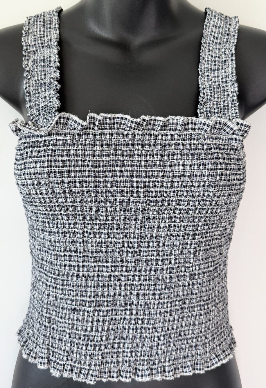 Brandy Melville Black White Plaid Smocked Tank Top One Size Square Neck Ruffle